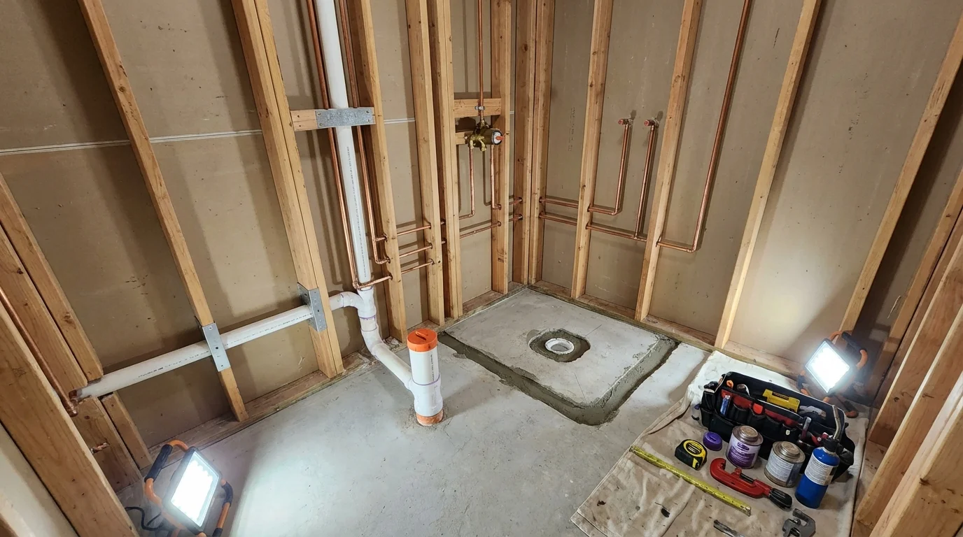 Bathroom rough-in plumbing during remodel by Johns Plumbing LLC in Saint Johnsville