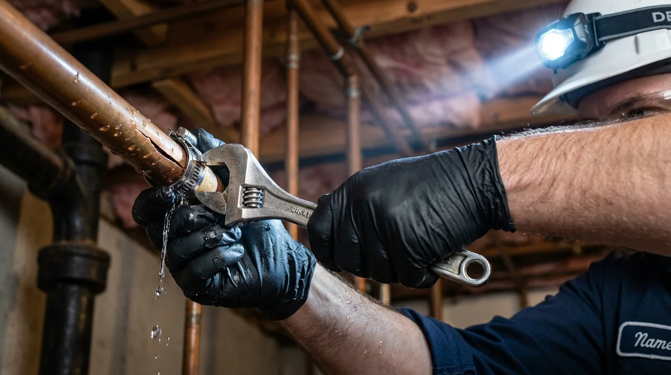 Emergency pipe clamp repair being performed by a Johns Plumbing LLC plumber in Saint Johnsville