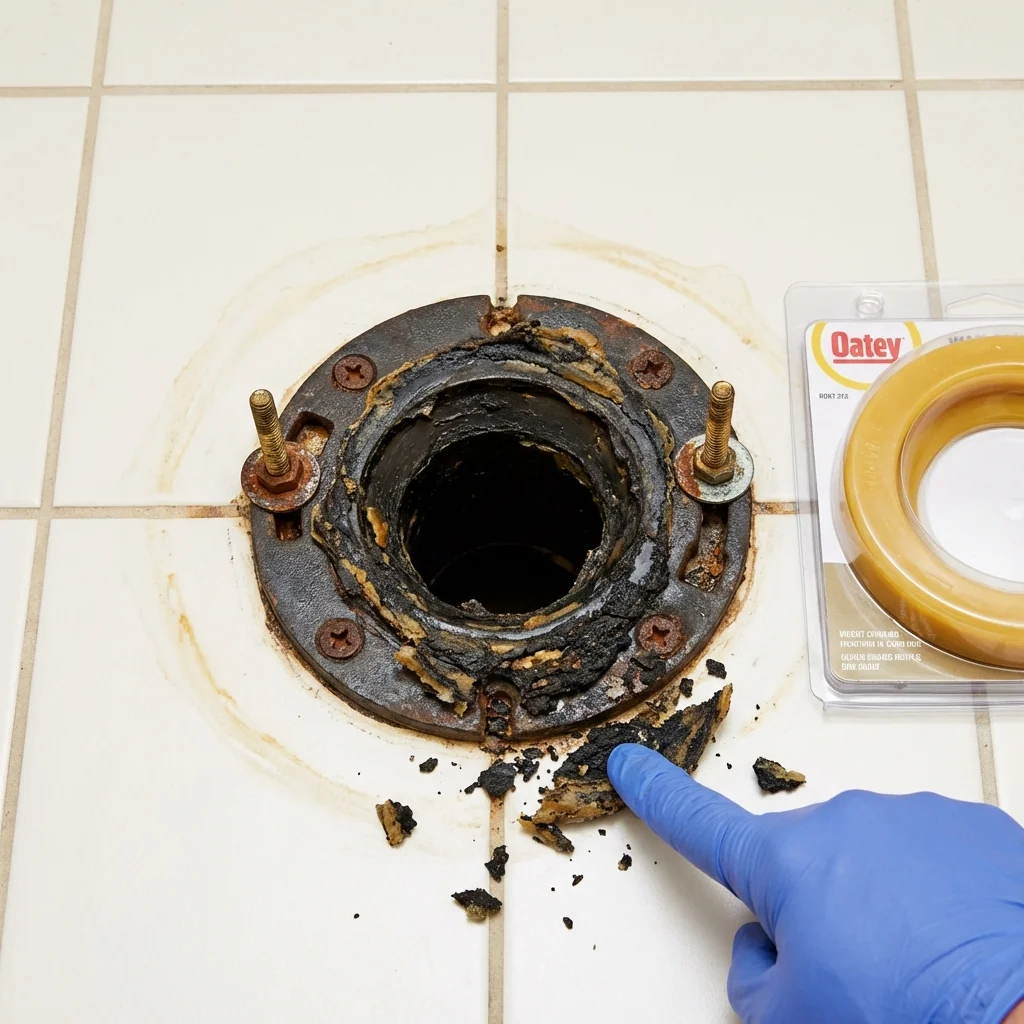 Failed wax ring showing water seepage at the base of a toilet in a Saint Johnsville, NY home