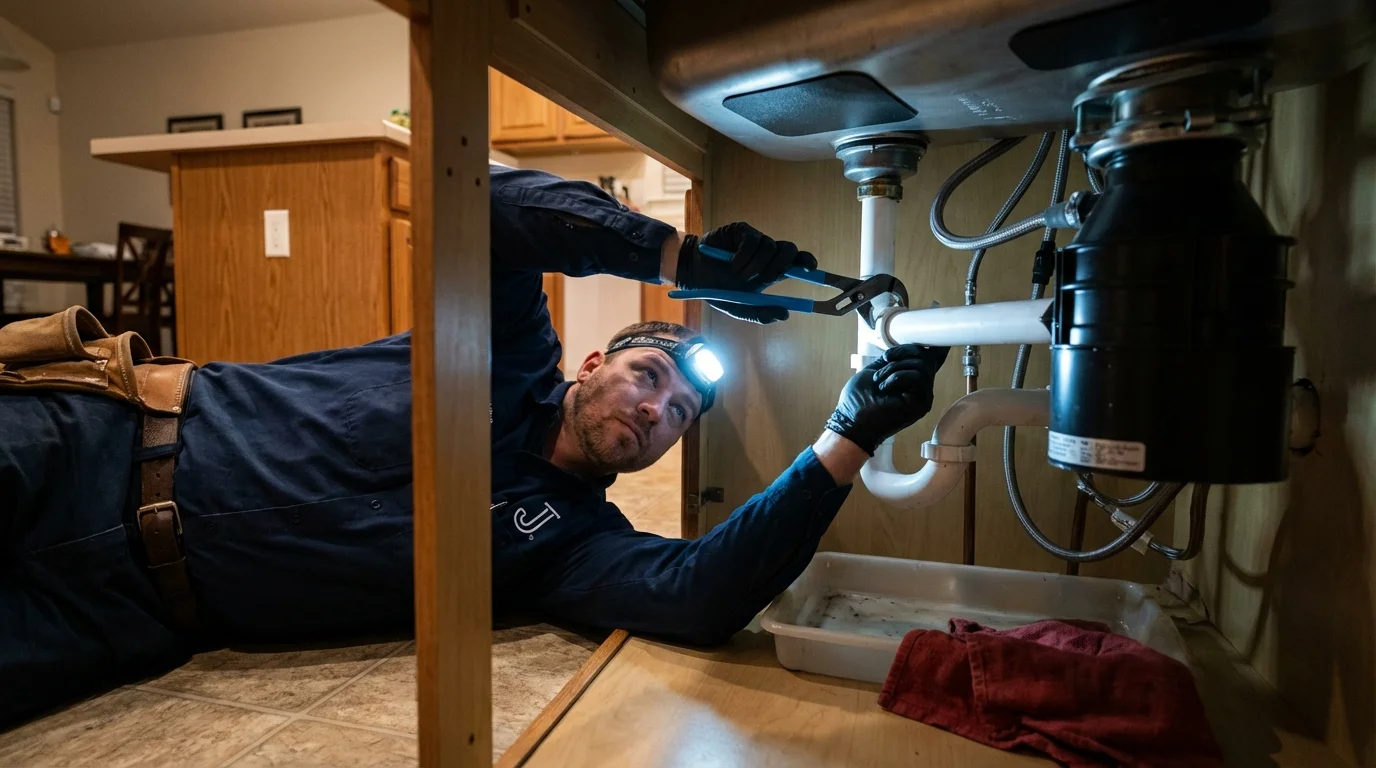 P-trap and supply line connections under a kitchen sink showing a common leak point in Saint Johnsville, NY
